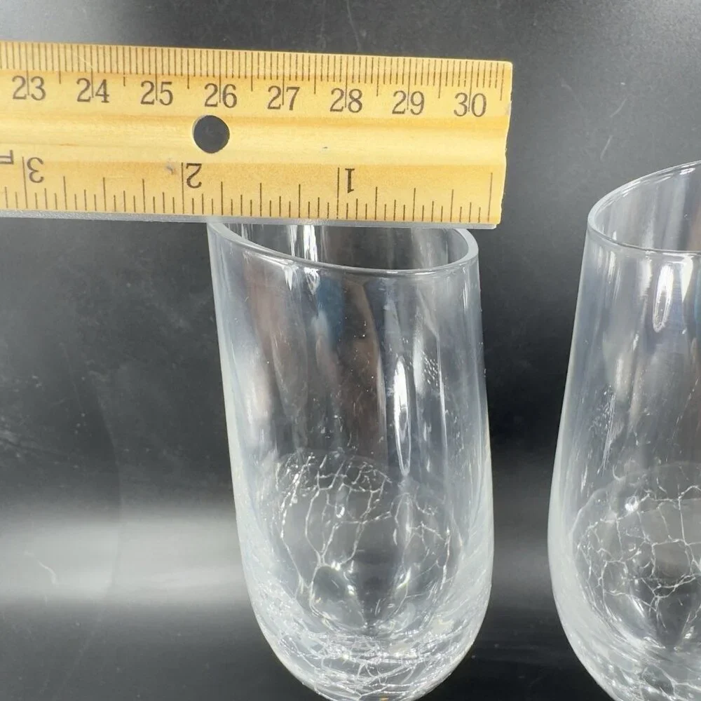 Pier 1 Clear Glass Crackle Angled Rim Goblet Drinking Glasses Cups Flutes Set 2